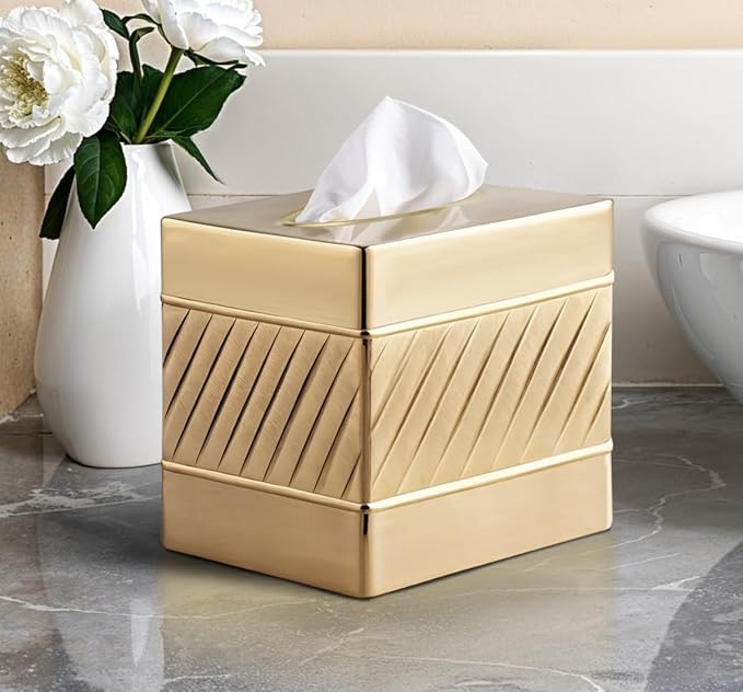 Monarch Abode Tissue Box Cover Square – Handcrafted Wave Embossed Brushed Gold Metal Tissue Holder Box for Bathroom Accessory, Aesthetic Decorative Facial Napkin Cube for Modern Home Decor