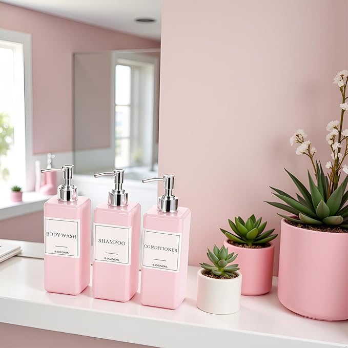 Shampoo and Conditioner Dispenser for Shower, Refillable Shampoo and Conditioner Bottles Body Wash Dispenser with Waterproof Labels, 3PCS 16.9oz Soap Dispenser Bathroom Pink Silver Empty Pump Bottle