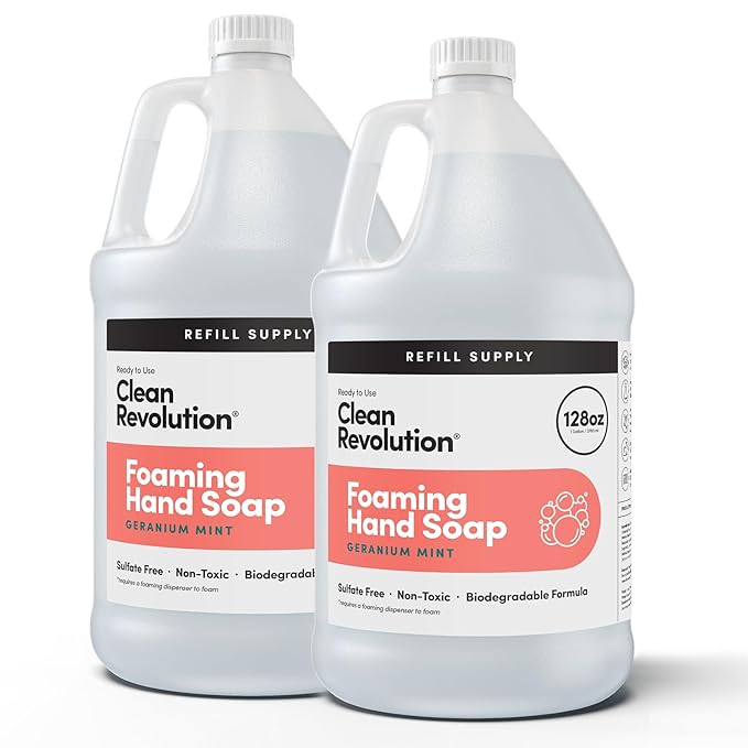 Clean Revolution Foaming Hand Soap Refill Supply Container, Ready to Use Formula, Gluten Free, Geranium Mint Fragrance, 128 Fl. Oz, 2 Pack - Made in USA