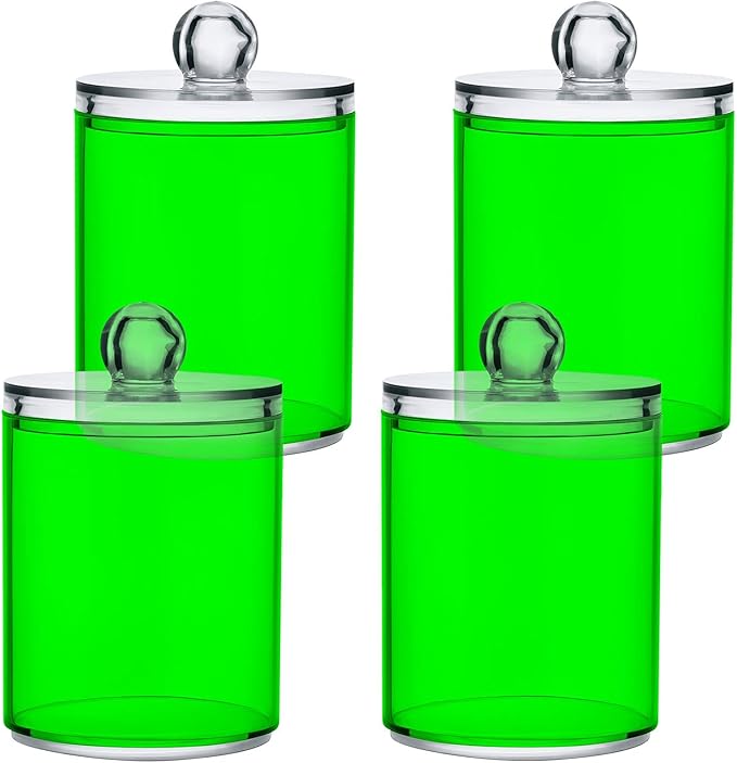 Green Qtip Holder Organizer Dispenser Cotton Swabs Cans Plastic Jars with Lid Set 2 Pack Bathroom Storage Canister for Cotton Ball Floss Cotton Pads