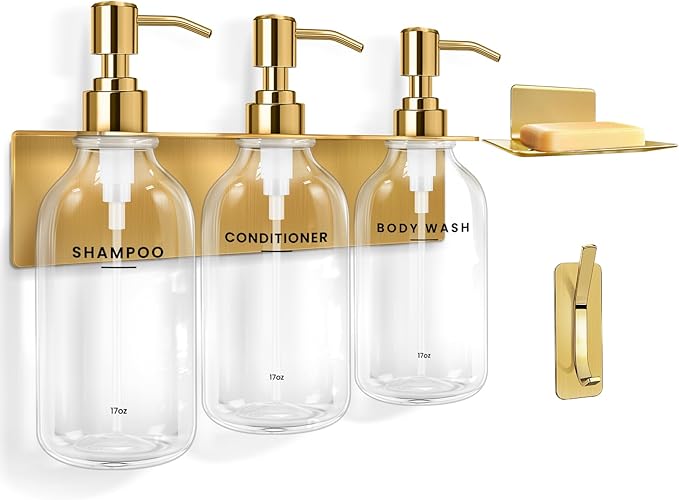 KLL Shampoo and Conditioner Dispenser - 3 Soap Dispenser Bathroom Wall Mount No Drill, Soap Holder, Hook - Refillable Shower Dispenser Pump Bottle for Bathroom Shower Accessories (Transparent)