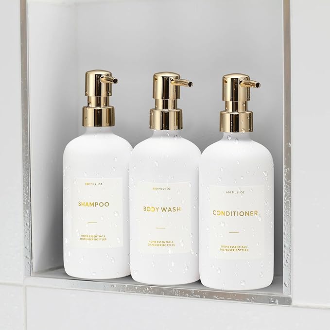 HOMCDALY Shampoo and Conditioner Dispenser, 21oz 3-Pack Refillable Pump Bottles, Shampoo Container, Empty Pump Bottle, Bathroom Shower Dispenser（21oz-White&Gold）