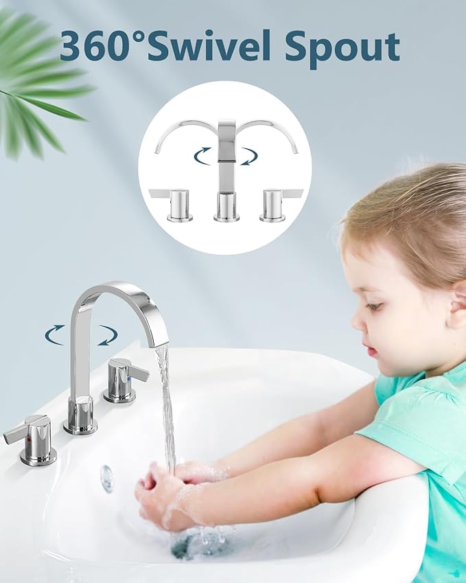Aolemi Bathroom Faucets 3 Hole,8 Inch Widespread Waterfall Bathroom Sink Faucet,2 Handles Vanity Faucet with Pop-up Drain and Supply Hose,Polish Chrome