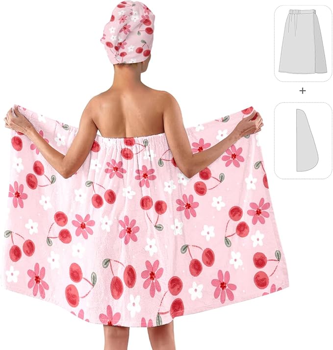 Cherry Blossom Bath Wrap with Hair Drying Towel – Soft Pink Microfiber Shower Skirt and Turban Set for Women, Quick Dry Absorbent Spa Wrap (Cherry 7)