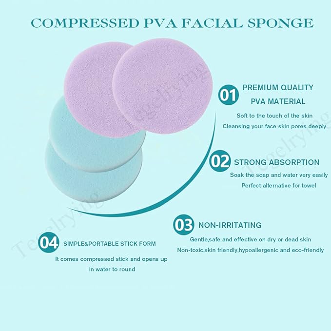 Facial Sponge Compressed,60 Pcs PVA Professional Makeup Removal Wash Round Face Sponges Spa Pads Exfoliating Cleansing for Women,Blue,Purple