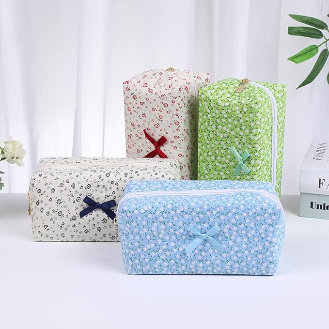 Floral Quilted Cotton Makeup Bag for Women, Large Capacity Travel Cosmetic Pouch with Zipper, Cute Toiletry & Brush Organizer, Kawaii Makeup Storage Case – Green Floral