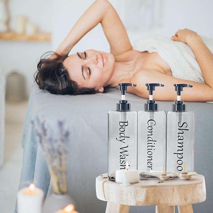 Shampoo and Conditioner Dispenser(Clear, Set of 3, 27oz)- Refillable & EmptyShampoo and Conditioner Bottles- Body Wash Dispenser Set-Modern Shampoo Bottles for Shower Soap