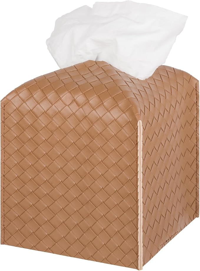 Tissue Box Cover PU Leather Tissue Holder Square Facial Tissue Case Facial Paper Organizer Dispenser for Bathroom, Vanity Countertop, Tabletop, Car, Brown