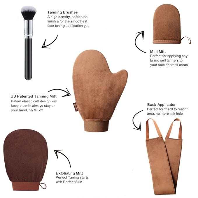 5-Piece Self Tanning Mitt Kit with Self Tanner Back Applicator, Self Tanning Brush, Exfoliating Mitt & Accessories for Flawless Tan