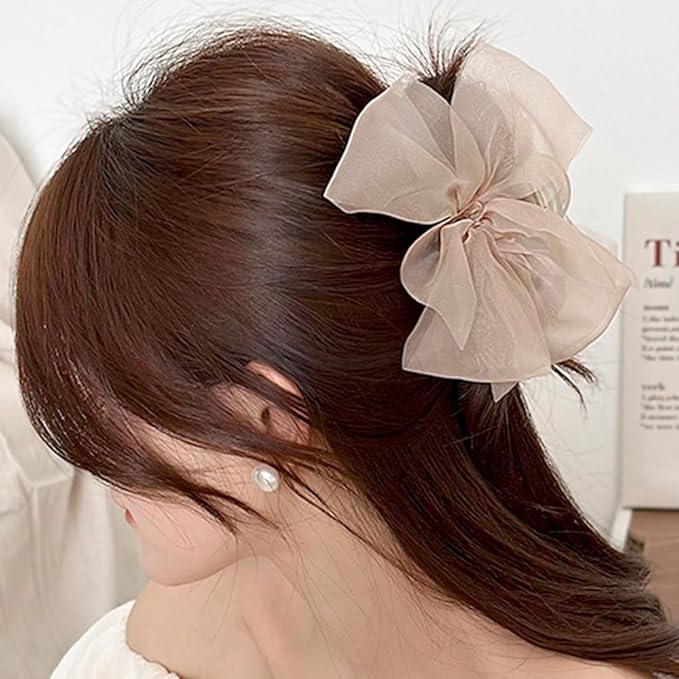 RUIYDZ Hair Clip, Light Coffee Chiffon Bowknot Hair Claw Clips for Thick Hair, Large Claw Clips for Women, Elegant Hairclips, Hair Accessories, Hair Clips for Girls