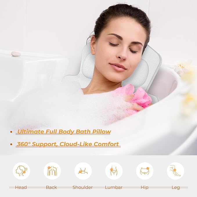 Bath Pillow for Tub, Full Bath Cushion for Tub with 192 Strong Suction Cups, Ergonomic Bathtub Pillow for Neck Back Legs, Soft Air Mesh Quick Drying Spa Bath Pillow Fits All Bathtub Types, White