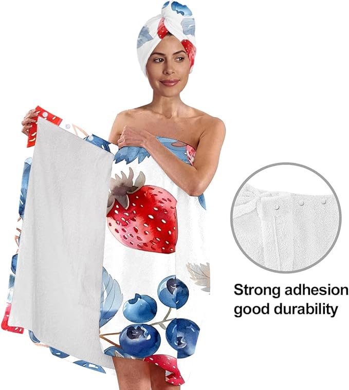 Strawberry Blueberry Bath Wrap with Hair Turban – Microfiber Shower Skirt and Quick Dry Towel Set, Lightweight Absorbent Spa Wrap Gift for Women and Teens (Strawberry 2)