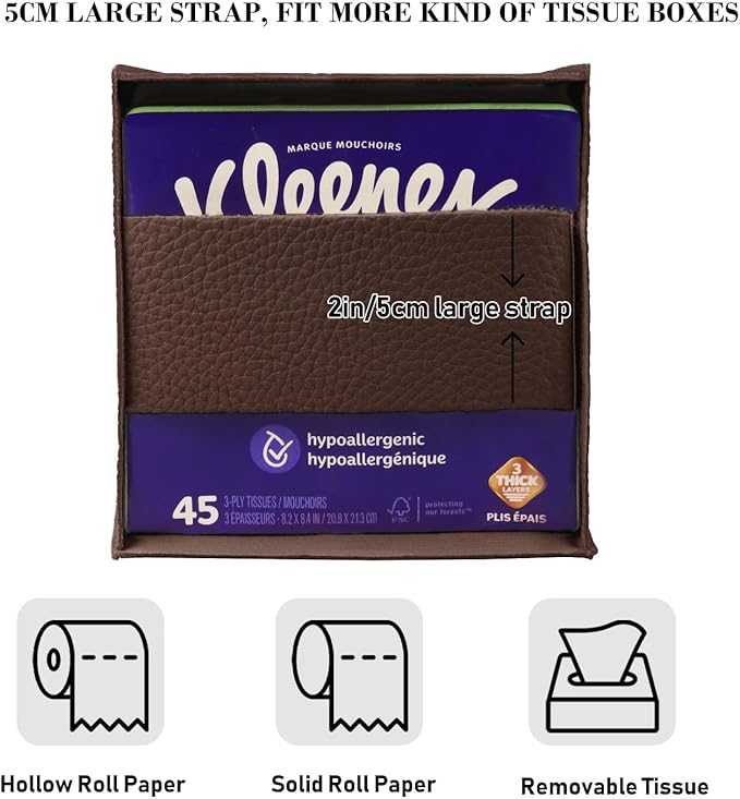 Tissue Box Cover Holder Square Tissue Cube Cover PU Leather Tissue Organizer with Bottom Belt for Bathroom, Tabletop, Car, Night Stands, Office, Home, Kitchen (2, CoffeeBrown)