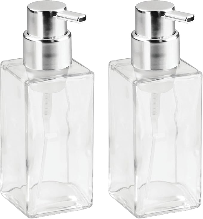 mDesign Glass Refillable Foaming Hand Soap Dispenser Modern Square Pump Bottle for Bathroom Vanities or Kitchen Sink, Countertops - 2 Pack - Clear/Chrome