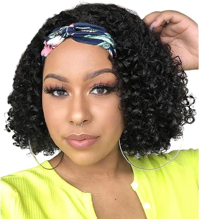 XSY Curly Headband Wig Human Hair 10 Inch Short Deep Wave Headband Wigs for Black Women Brazilian Virgin Glueless None Lace Front Wigs 150% Density Natural Color