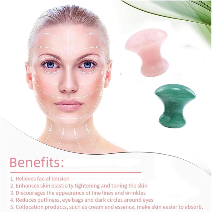 2pieces Natural Stone Gua Sha Scraping Massage Tool, Mushroom Shape Guasha Board for Face Neck Beauty Spa Relaxing Massage Stone (Green Aventurine)