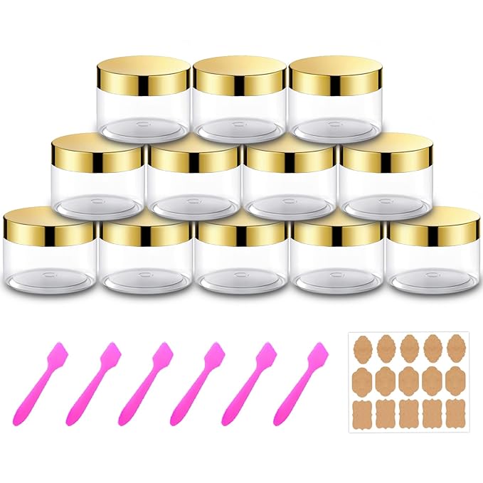 12 Pack 4 oz Plastic Cosmetic Containers With Gold Lids Refillable Clear Empty Travle Jars Containers for Body Butter,Sugar Scrubs,Cream,Lotions,Candy, Label&Spatulas