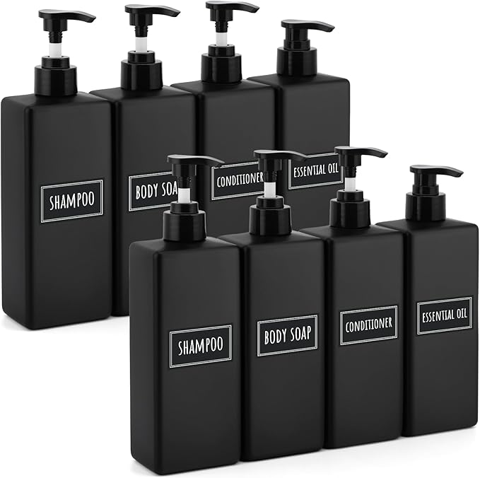 Segbeauty 8 Pack Bathroom Soap and Shampoo Dispenser, Matte Black Plastic Square Body, 16.9oz & 500ml Refillable