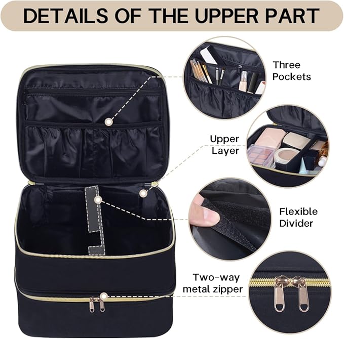 Double Layer Makeup Bag Portable Large Cosmetic Case Organizer with Adjustable Dividers Storage Travel Bag for Accessories Brushes Conditioner and Skin Care Products (Black)
