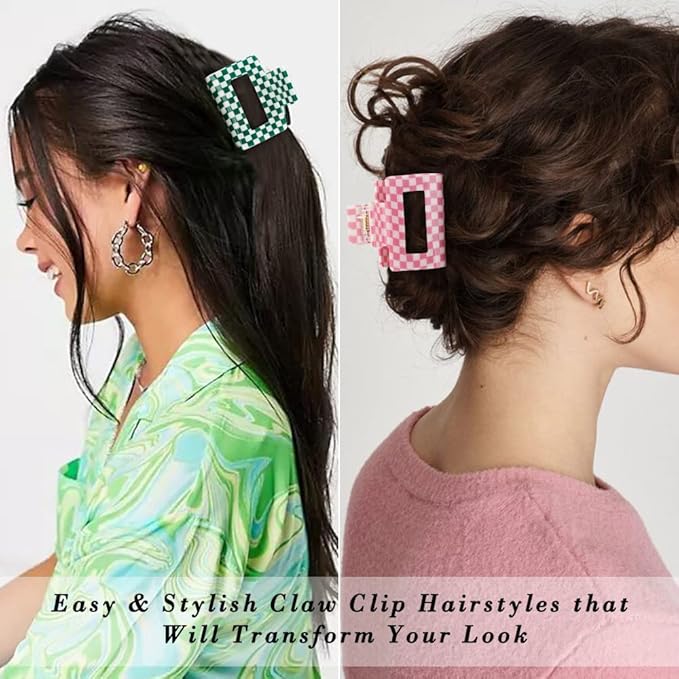 Ahoney 4 Pack Checkered Hair Claw Clips for Thin Hair Y2k Hair Accessories 2" Small Hair Clips for Thick Hair Cute Hair Clips for Women Girls