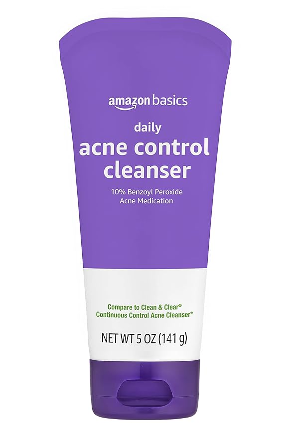 Amazon Basics Acne Treatment Face Wash - Daily Control Cleanser, Maximum Strength 10% Benzoyl Peroxide for Stubborn Breakouts, 5 Ounce (3-Pack)