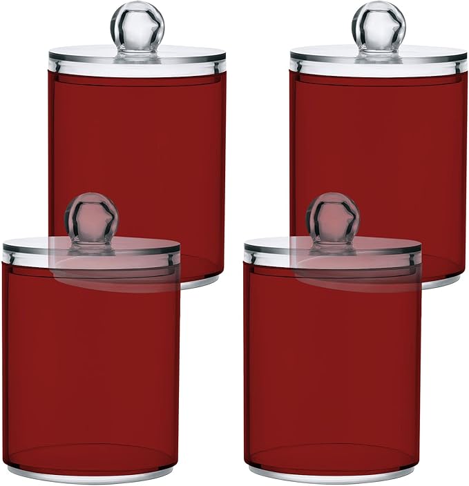 Fire Brick Qtip Holder Organizer Dispenser Cotton Swabs Cans Plastic Jars with Lid Set 4 Pack Bathroom Storage Canister for Cotton Ball Floss Cotton Pads