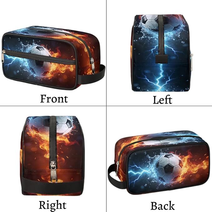 Fire Water Lightning Soccer Toiletry Bag for Men Women, Cosmetic Makeup Bag with Handle, Travel Shaving Kit Organizer, Waterproof Portable Wash Bag for Gym Vacation Camping Sports
