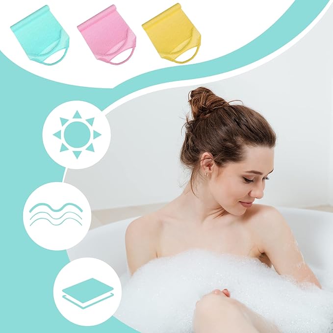 3 Pack Exfoliating Back Scrubber with Handles Exfoliating Washcloth Nylon Extended Length Body Exfoliator Brush Stretchable Pull Strap Back Washer for Shower Long Bath (Pink, Blue, Yellow)