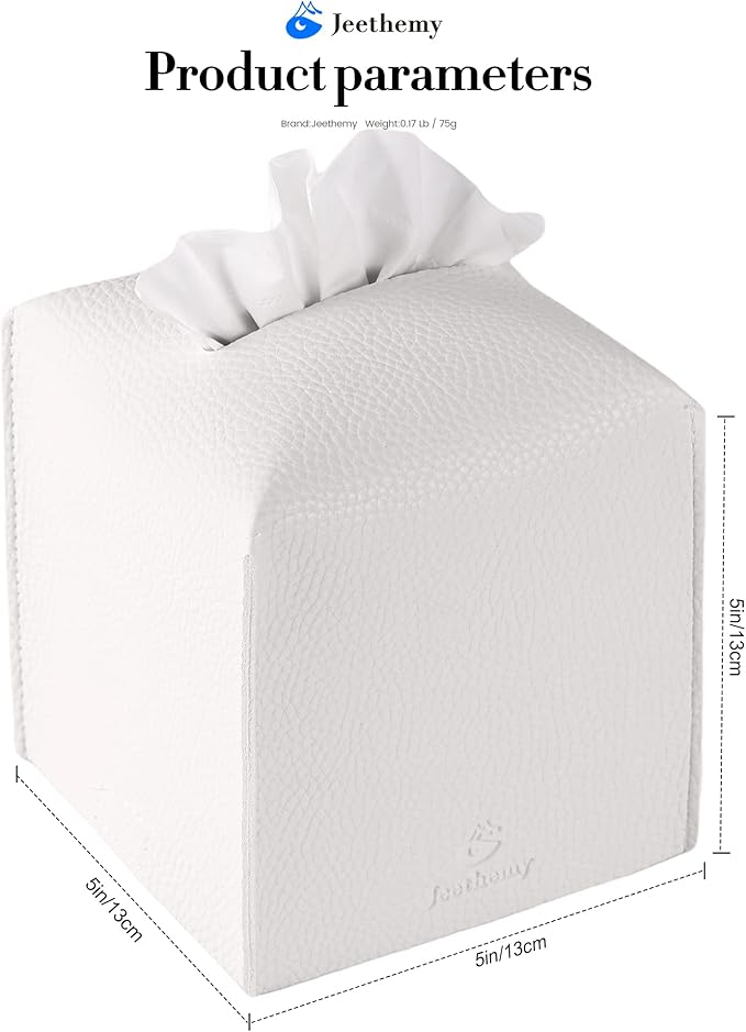 Tissue Box Cover, Jeethemy Square PU Leather Tissue Box Holder, Modern Tissue Case Facial Paper Organizer Dispenser，5X5X5'',Double White