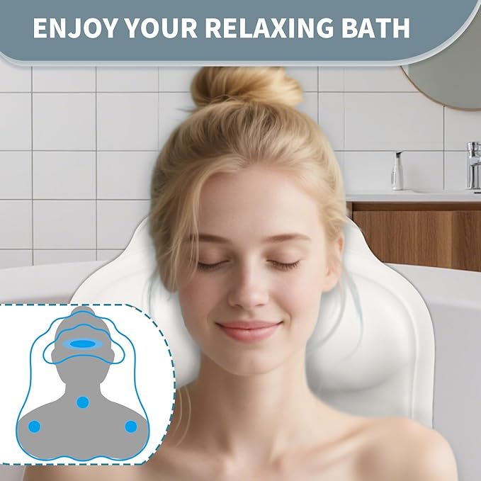 Silicone Bath Pillow for Tub – Ergonomic Bathtub Headrest with Inflatable Air Cushion, Non-Slip Suction Cups & Neck/Back Support – Comfortable Spa Bath Accessory for Relaxation (Cream White)