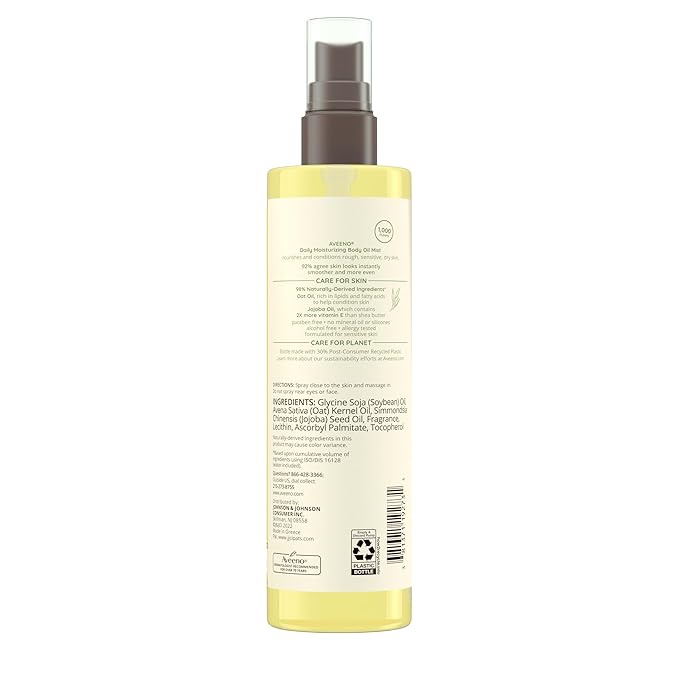 Aveeno Daily Moisturizing Body Oil Mist with Oat & Jojoba Oil for Dry Sensitive Skin,Nourishing Body Spray for Smoother Skin,Paraben-,Silicone- & Alcohol-Free,6.7 fl. oz,(Pack of 4)