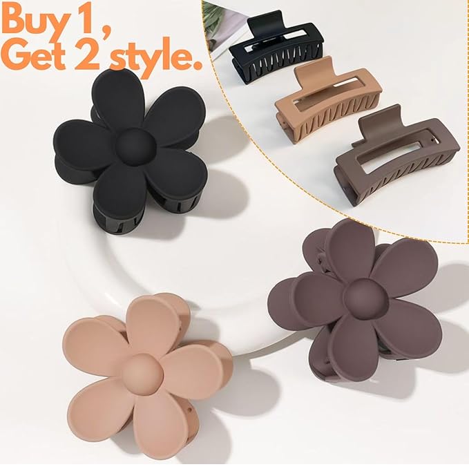 6 Pack Large Claw Clips for Women, Square & Flower Hair Clips for Thick Hair, Matte Neutral Colors