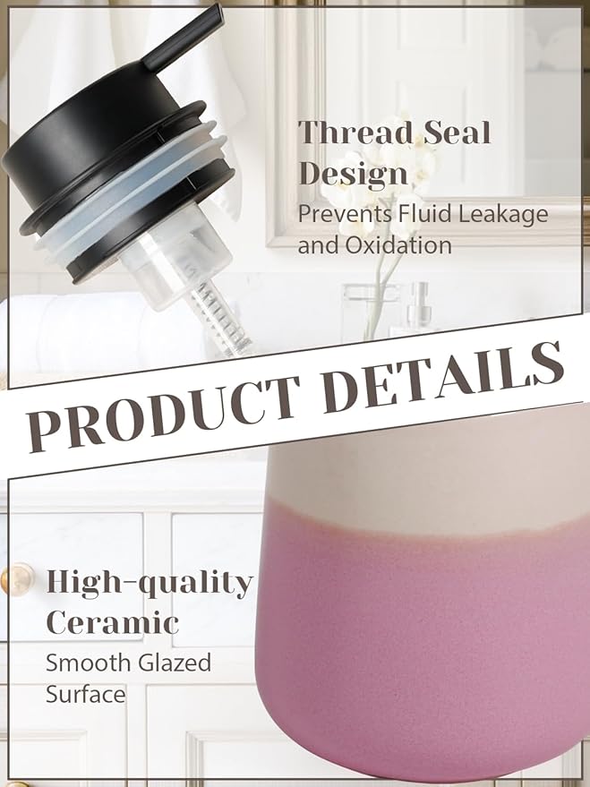 INGOFIN Ceramic Foaming Soap Dispenser - 12oz Foam Hand Soap Dispenser Bathroom, Refillable Modern Dish Dispenser with Pump for Kitchen, Beige and Pink