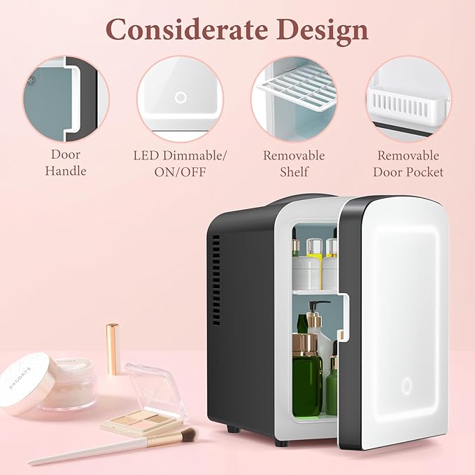 Xbeauty Skincare Mini Fridge With Dimmable LED Mirror, 4L Mini Refrigerator for SkinCare, Cosmetics, Food & Drinks, Portable Small Refrigerator for Bedroom, Dorm, Car, Office, Black