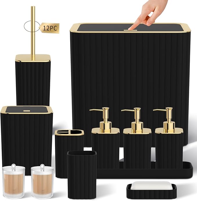 Bathroom Accessory Set - Bathroom Set, 12PC Bathroom Accessories Set, Black Bathroom Accessories Set, Mini Trash Can, Toilet Brush, Trash Can & Soap Dispenser