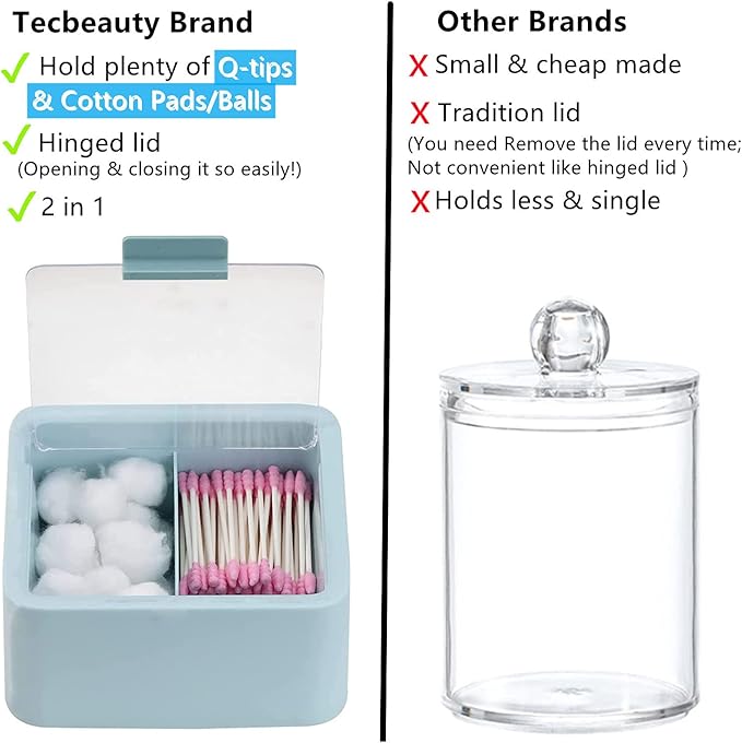 Tecbeauty Large Qtips Holder - 2 Grids Cotton Swabs Dispenser Bathroom Organizer Cotton Balls, Pads Storage Canisters, Hinged Lids, Blue