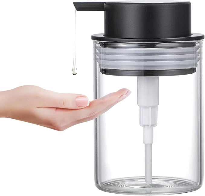 Glass Dish Soap Dispenser, 10 Oz Clear Hand Liquid Bottles with Rust Proof Plastic Pump, Refillable Round Lotion Dispensing for Kitchen Sink & Bathroom Counter