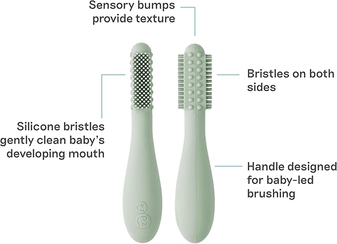 ezpz Baby-Led Toothbrush (Sage) - 3 Months + - 100% Silicone Infant Toothbrush with Sensory Bumps - Cleans Gums + New Teeth - Improves Hand-to-Mouth Coordination, Self-Feeding Skills