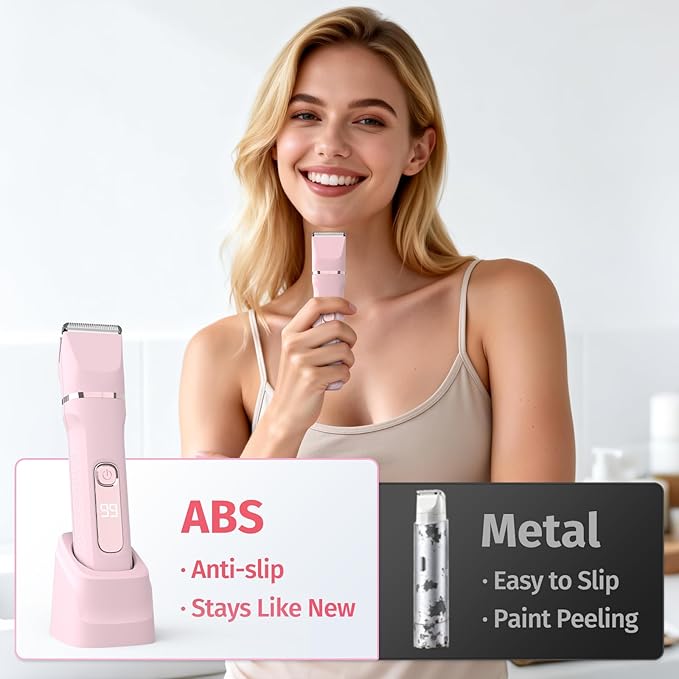 Bikini Trimmer for Women,5-in-1 Electric Razors for Women,Electric Shaver for Women's,IPX7 Waterproof Trimmer for Men Legs,with 5 Replaceable Blade Heads,USB Recharge Dock（Pink）