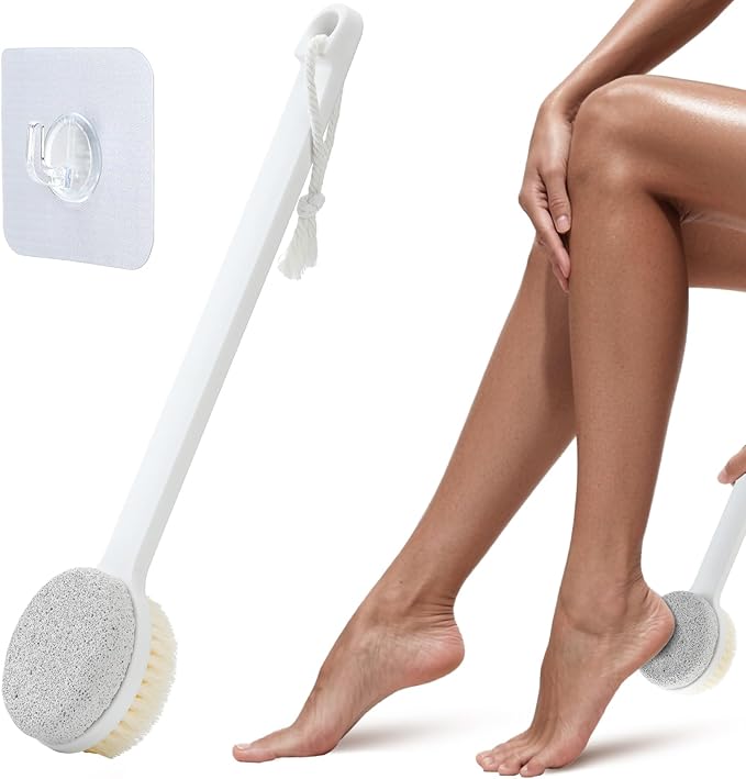 Foot Pumice Stone for Feet, 2 in 1 Foot Pumice Scrubber for Wet or Dry Brushing, Dead Skin Remover, Long Handle Foot Cleaning Brush for Senior, Pregnant, Disabled, or Injured, Box Packed(White)
