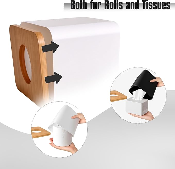 RETON 2 Pack Tissue Box Cover, Square Plastic Tissue Holder with Bamboo Cover Plate, Cube Black White Paper Organizers for Living Room, Office, Home Decor, Night Stand