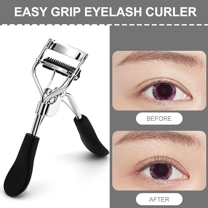 Eye Lash Curler with 6PCS Extra Replacement Strips, Professional Makeup Tool for Eyelashes, Easy & Comfortable to Grip and Use Metal Eyelash Curler(Color:Black)