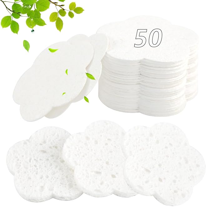 50-Count Facial Sponges Compressed Facial Sponges Natural Facial Cleansing Sponges Pads Cute Flower Shape Exfoliating Sponges for Cleansing Reusable,Best Makeup Gift, White