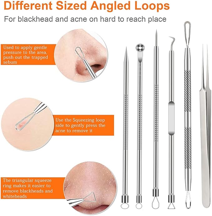 Pimple Popper Tool Kit, 6 Pcs Blackhead Remover Acne Needle Tools Set Removing Treatment Comedone Whitehead Popping Zit for Nose Face Skin Blemish Extractor Tool - Silver