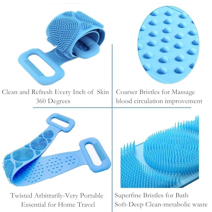 Silicone Back Scrubber Belt (28 inch) Blue – Extra Long-Double-Sided Bath Scrub Strap Gently Massages and Exfoliates Skin - Shower Back Scrubber - Back Washer for Shower Men & Women - Back Exfoliator