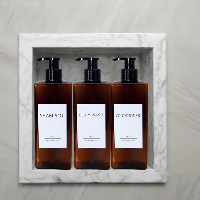 Shampoo and Conditioner Dispenser Set, 3Pack Refillable Shampoo and Conditioner Bottles with Labels, 500ml Soap Dispenser 16.9oz Shower Dispenser Square Pump Bottle for Bathroom and Kitchen - Amber