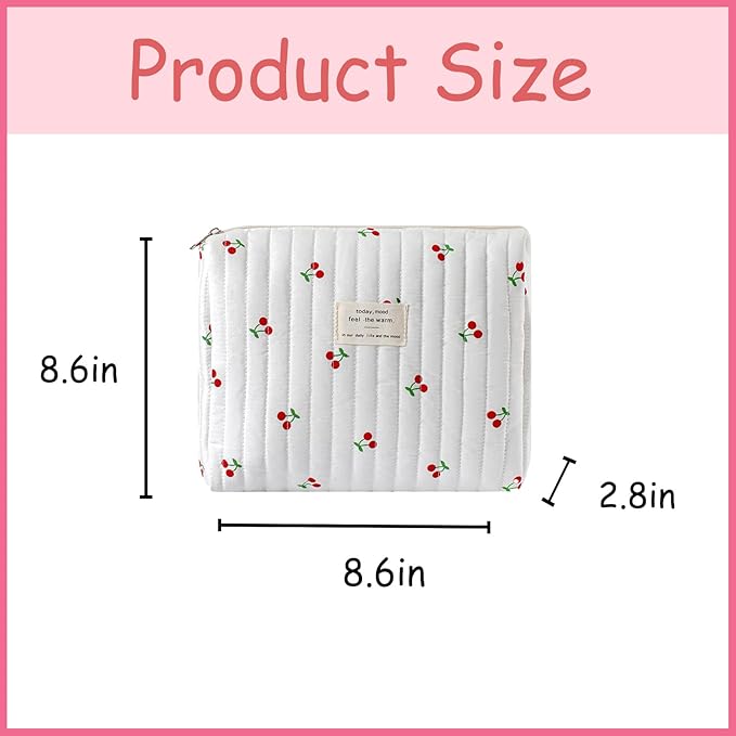 uekeboag Quilted Cotton Makeup Bag,Coquette Quilted Toiletry Bag for Women and Girls,Floral Coquette Pouch,Cute Kawaii Travel Cosmetic Bags(Striated Cherry)