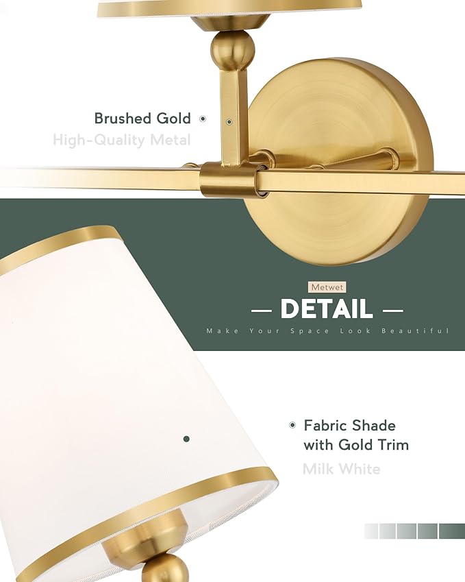 3-Light Bathroom Light Fixtures, Brushed Gold Vanity Lights Over Mirror with White Fabric Shade, Modern Sconces Wall Lighting for Hallway Bedroom, VL837-BG-X-3