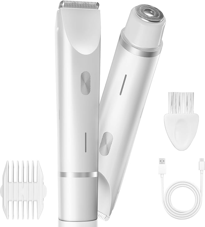 Bikini Trimmer for Women, Dual-Head Electric Body Hair Trimmer for Sensitive Areas, IP67 Waterproof Rinsable, USB-C Rechargeable Groomer for Bikini Line, Underarms, Legs & Face (Pure White)