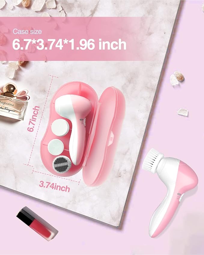 Electric Facial Cleansing Brush for Women, 3-in-1 Face Cleanser and Exfoliator Brush with 3 Brush Heads, 2 Speeds, Waterproof Spin Brush, Travel Size Case, Perfect for Valentine's Day (Pink)